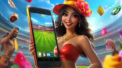 Woman displaying mobile betting app at vibrant cricket stadium with festive celebration atmosphere